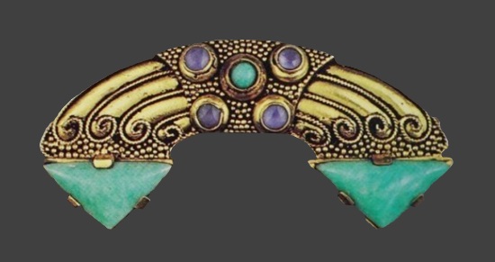 Silver brooch, gilded, amazonite, chalcedony, 1927