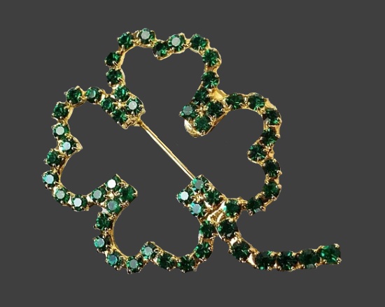 St. Patrick's Day shamrock openwork gold tone rhinestone brooch