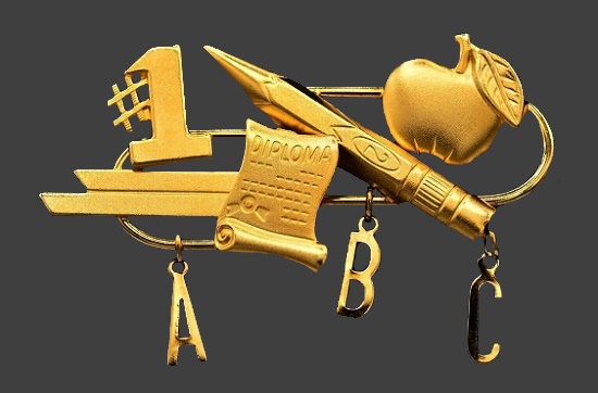 Teacher ABC Diploma Scholar Student matte gold tone brooch with charms. 1970s