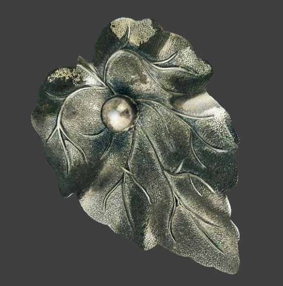 Textured sterling silver leaf with the veins and center raised dot sterling silver brooch