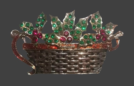 Thanksgiving harvest basket gold tone rhinestone brooch