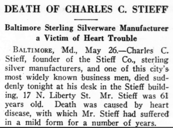 The Jewelers' Circular, 1923. Note about the death of Charles C. Stieff