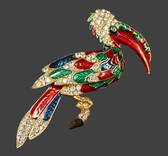Toucan gold tone rhinestone multicolor enamel brooch