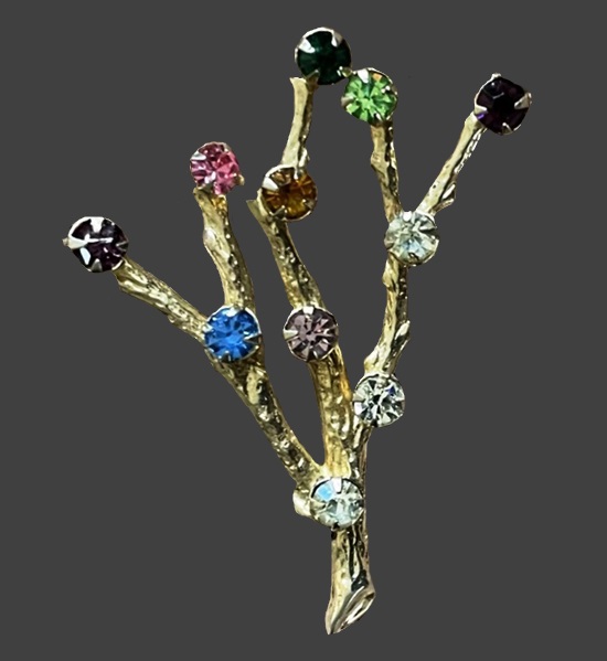 Tree branch 12 K gold filled multicolor rhinestone brooch pin