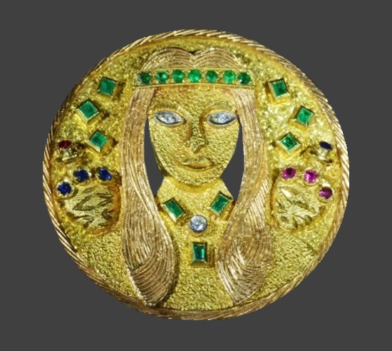 Tribal Lady round brooch 18 K yellow gold, rhinestones