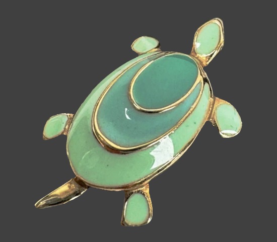 Turtle aqua blue enamel gold tone brooch