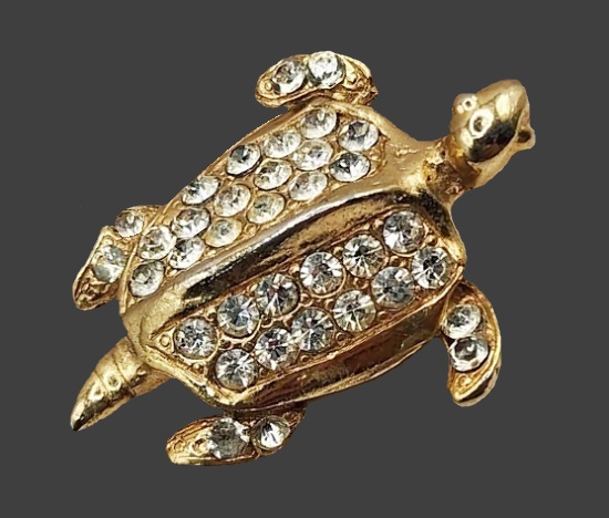 Turtle gold tone rhinestone brooch pin