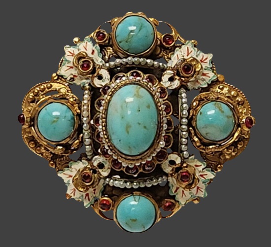 Victorian Ornate design brooch of gold tone. Faux pearls, enamel, turquoise glass cabochons