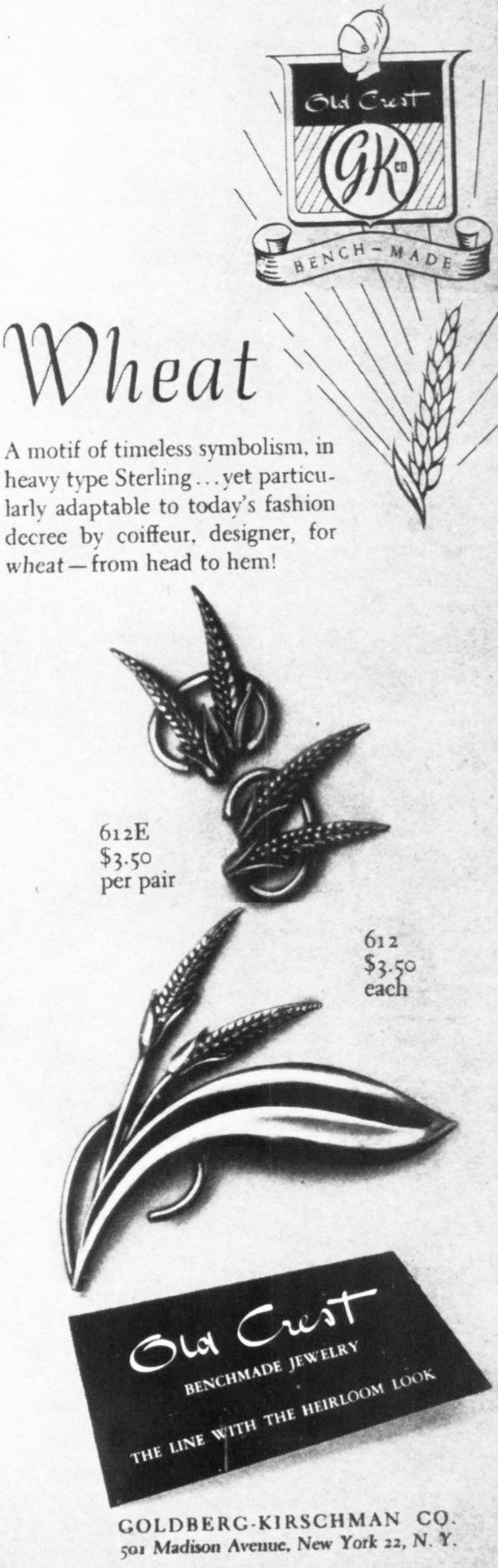 Wheat design jewelry, 1947 ad