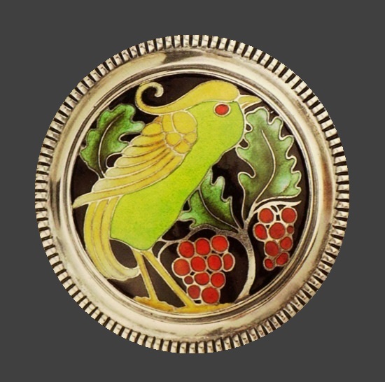 Yellow bird round silver enameled brooch
