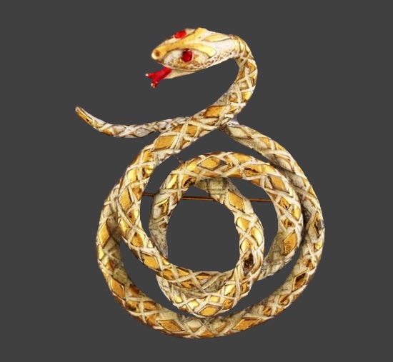 Yellow snake textured gold tone enamel rhinestone brooch pin