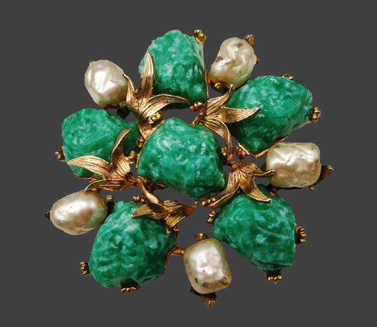 Baroque pearl art glass gold tone leaf flower design brooch pin