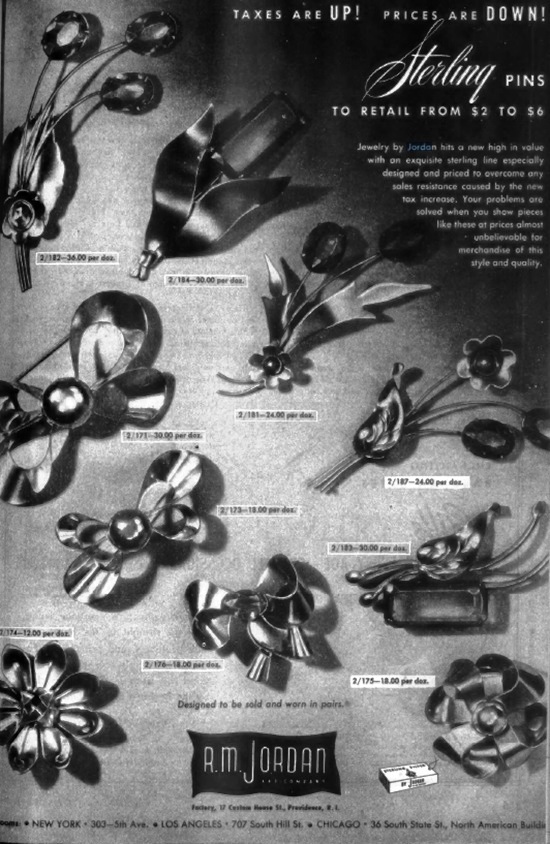 Bow and flower design sterling silver gold plated pins, 1944 ad