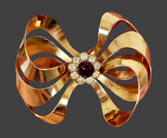 Bow gold tone purple and clear rhinestone brooch