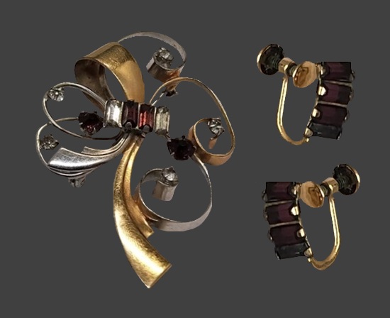 Brooch and earrings set 12 K gold filled, baguette rhinestones, crystals 1