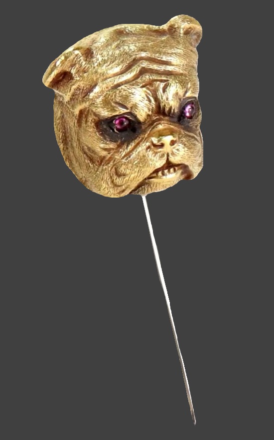 Bulldog head 14 K gold ruby eyes hat pin