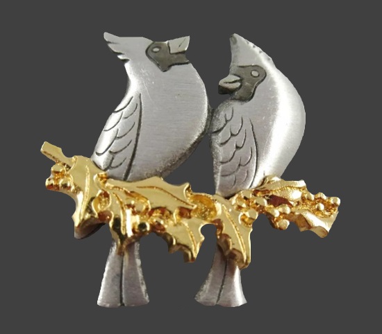Cardinal bords on holly leaves Christmas two tone gold and pewter brooch pin