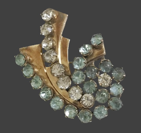 Clear teal crystal 12 K gold filled swirl design brooch