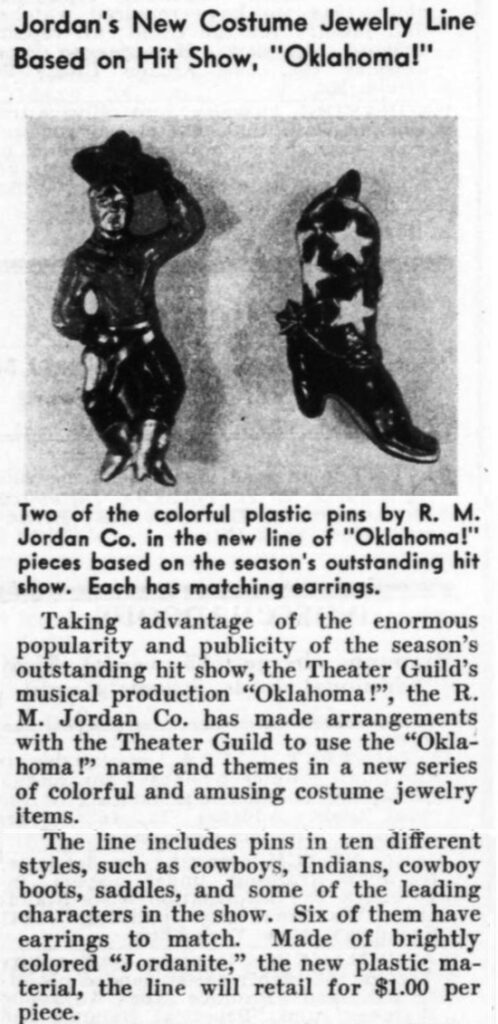 Costume jewelry line based on hit show Oklahoma, 1944