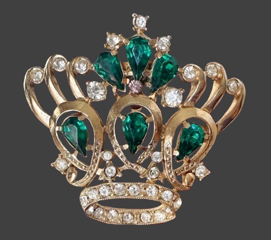 Crown gold tone green and clear rhinestone dress clip