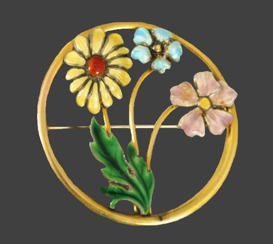 Garden flowers circle pin 10 K gold filled, enamel