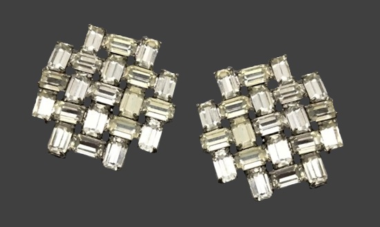 Geometric design baguette rhinestone clip on earrings