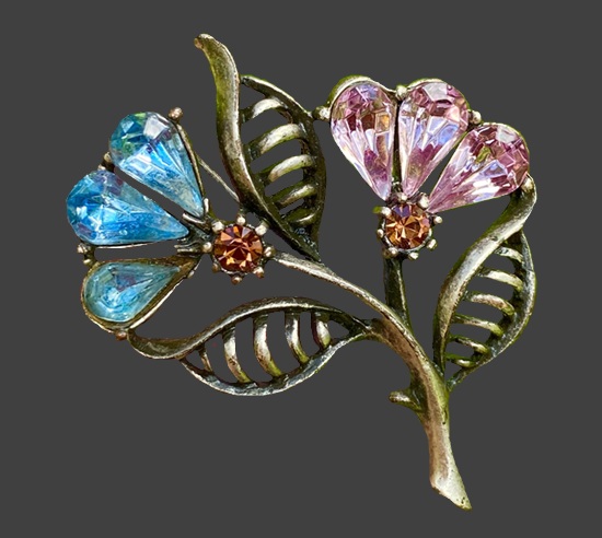 Flower leaf branch gold tone sterling silver crystal brooch, 4 cm