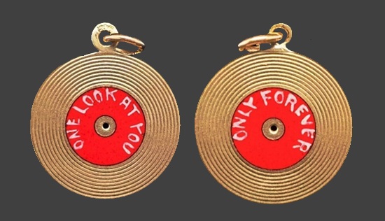 Inspired by 1940 songs One Look At You and Only Forever record 14 K gold red and white enamel charm pendant