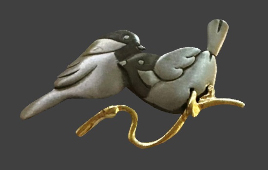 Love birds on branch two tone pewter gold plated brooch