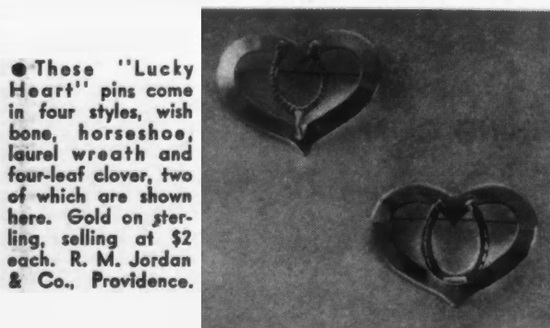 Lucky heart gold plated sterling pins, 1945 ad