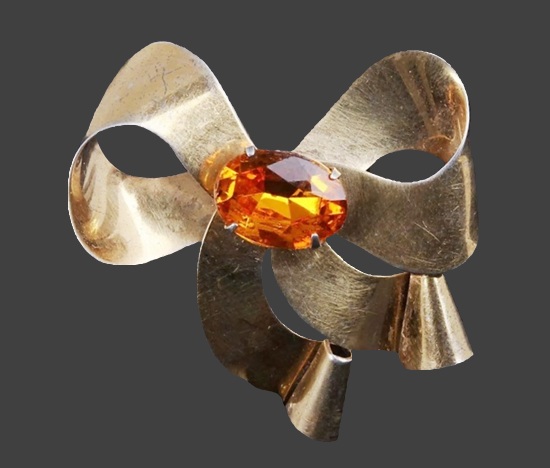 Ribbon bow orange rhinestone sterling silver brooch pin