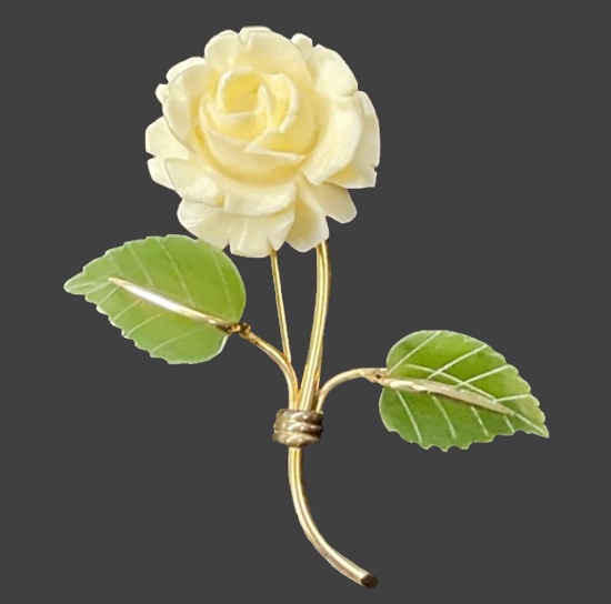 Rose flower carved shell jade lucite leaves 12 K gold filled brooch pin