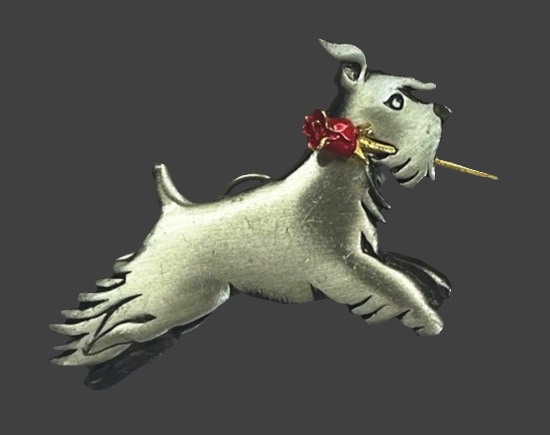 Running Scottie dog with rose in mouth pewter pin pendant