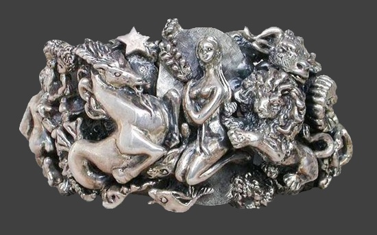 Silver plated booch inspired by the painting The Abduction of Europa, or zodiac symbols in the form of a virgin, a bull, a lion, a fish, etc.