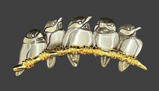 Sparrow birds on branch two tone pewter and gold pin