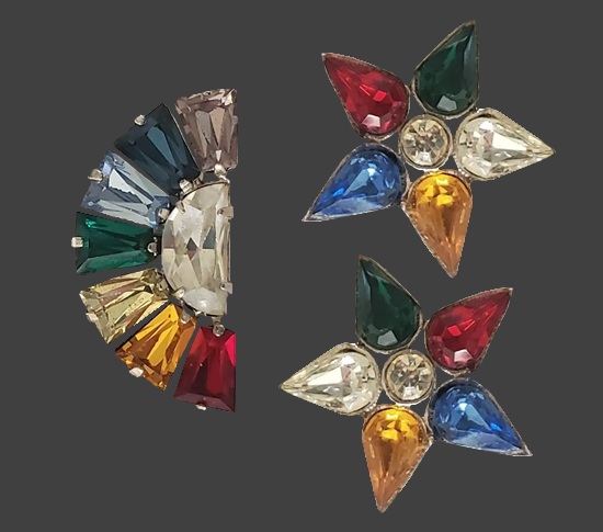 Sun and stars multicolor crystal gold tone brooch pin and clip on earrings