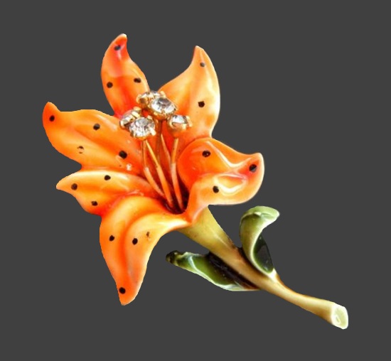 Tiger Lily flower enameled brooch pin