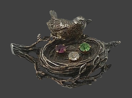 Bird nest sterling silver birthstone brooch pin