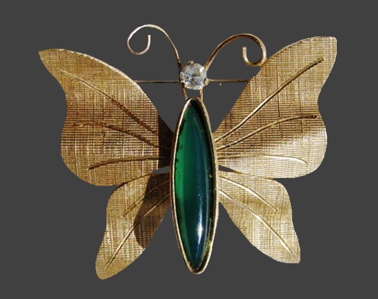 Butterfly 14 K gold crystal onyx brooch pin, 1950s, 3.3 cm