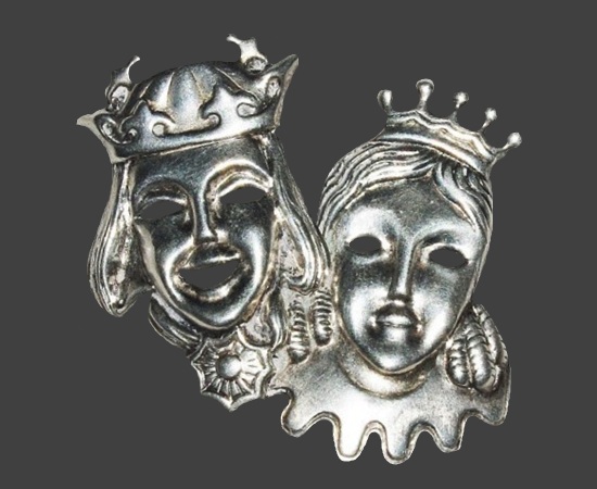 Carnival King and Queen mask sterling silver brooch