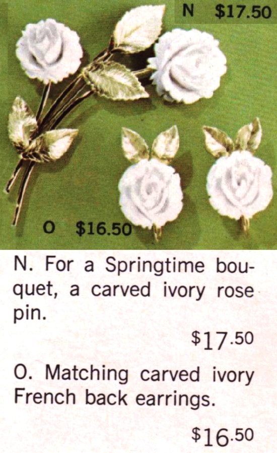Carved Ivory rose pin and earrings, 1970 ad
