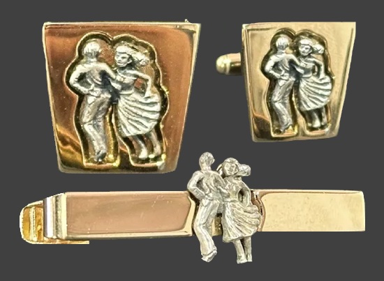 Dancing couple 12 K gold filled tie clip and cufflinks