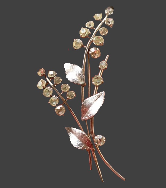 Delicate flower bouquet crystal platinum plated brooch, 1960s