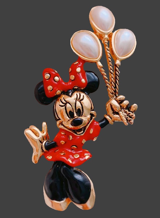Disney Mouse with balloons gold tone enamel brooch signed Disney Napier