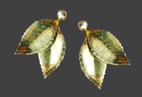 Double leaf 14 K gold plated screw back earrings