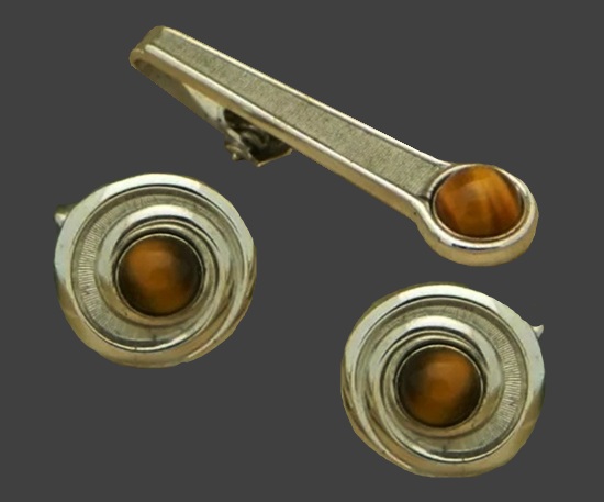 Genuine Tiger eye stone silver plated tie clip and cufflinks