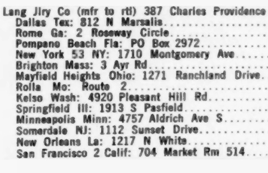Lang Jlry Co subsidiaries and representatives, 1960