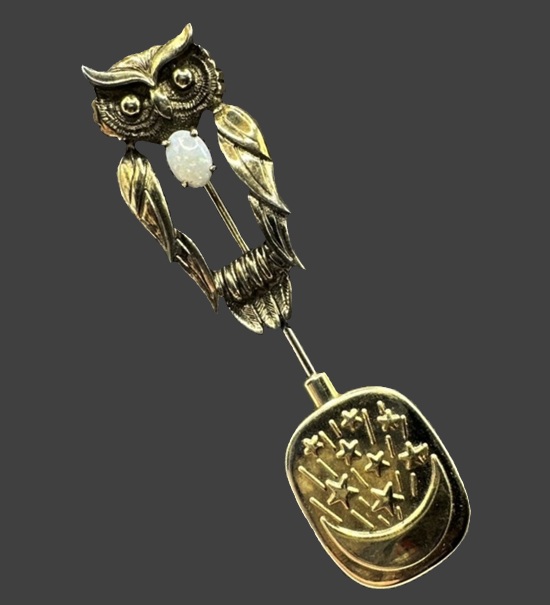 Owl lapel stick, sterling silver, genuine opal