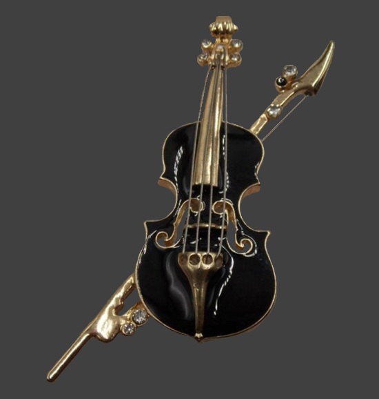Violin gold tone black enamel brooch