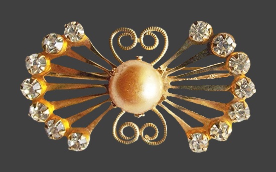 Art Deco 12 K gold filled faux pearl crystal brooch pin